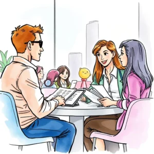 A group discussing event details and outcomes around a table.
