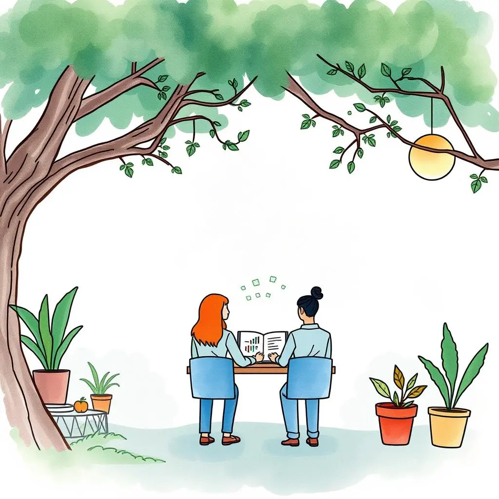 Satisfaction analysis creator: Produce comprehensive summaries from feedback data 1 Satisfaction Analysis Creator in a serene outdoor setting with two professionals discussing feedback.