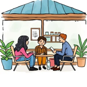 Client Relationship Managers discussing strategies with a young client in a welcoming space