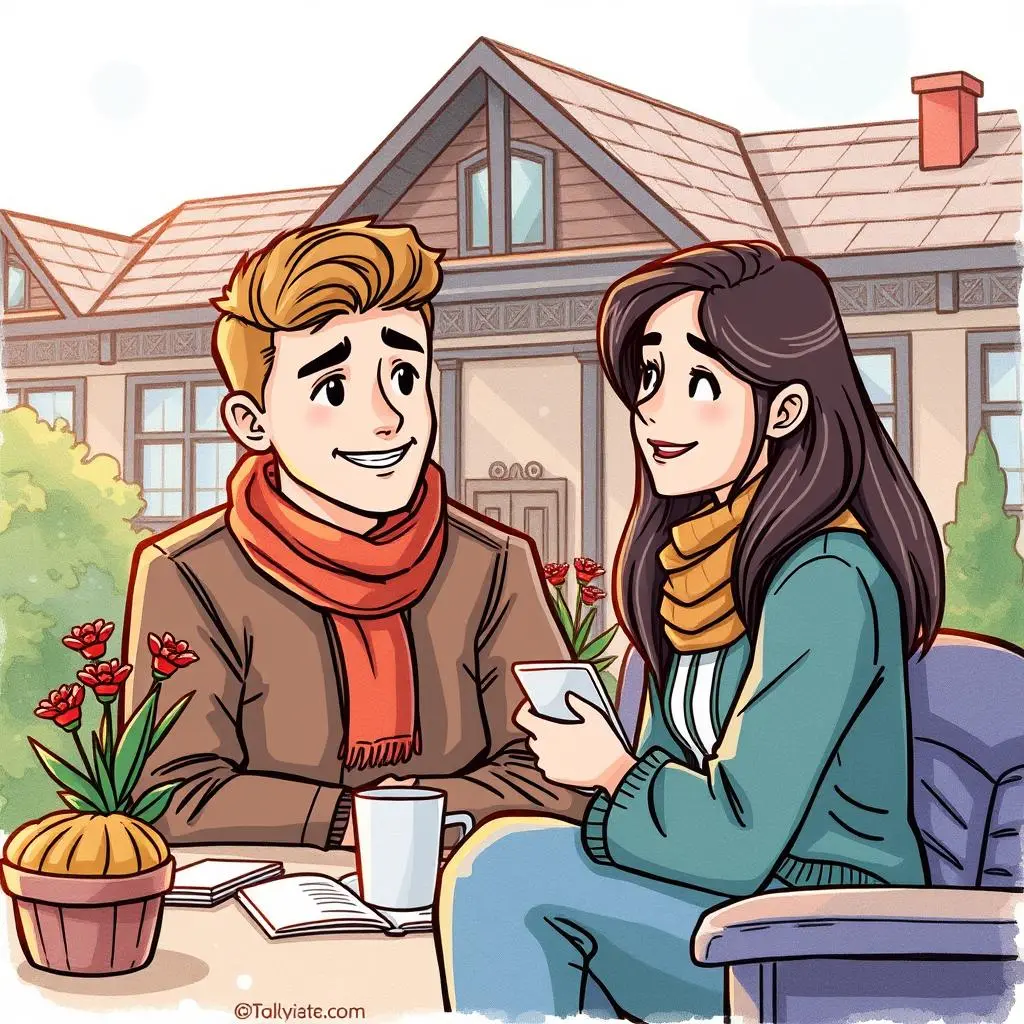 Two people engaged in a friendly conversation over coffee in a cozy outdoor setting.