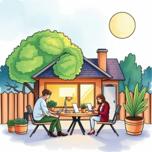 Generate personalized outreach messages outside with a man and a woman using laptops near a house.