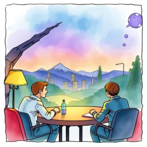 A business meeting scene with two professionals discussing terms overlooking a scenic view.