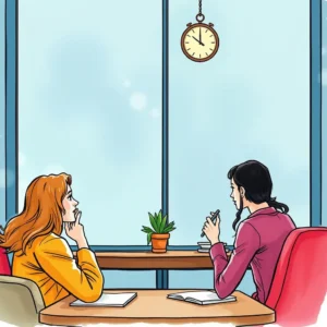 Two women engaged in thoughtful conversation at a table in a bright office setting with a clock and a plant