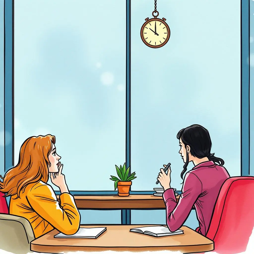 Two women engaged in thoughtful conversation at a table in a bright office setting with a clock and a plant