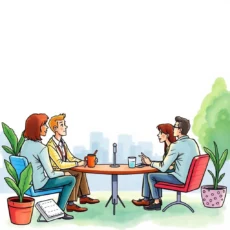 Four professionals engaged in a collaborative discussion around a table.