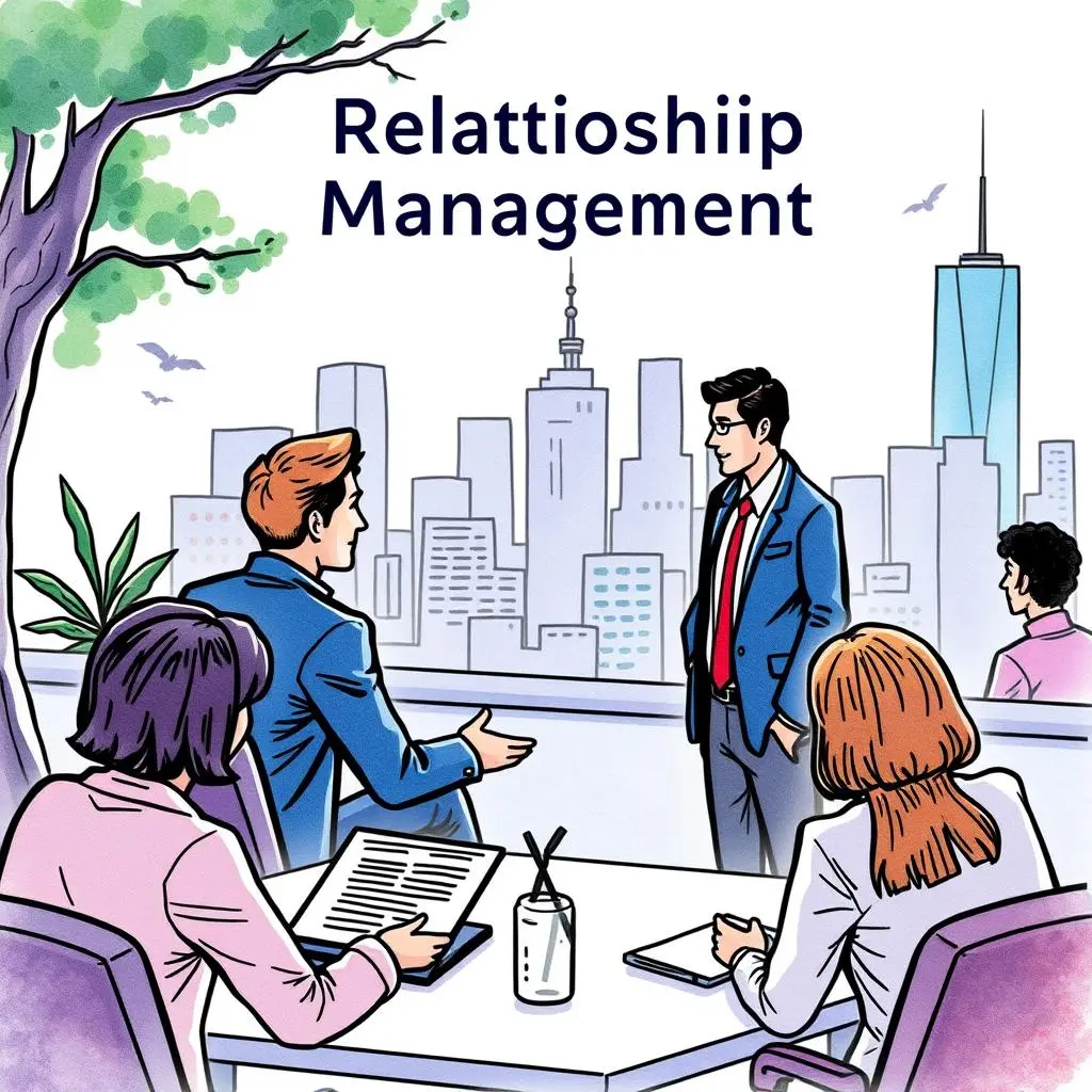 Protocol formatter: Structure communication guidelines for better clarity 1 Relattioshiip Management brainstorming session among business professionals with a city skyline backdrop