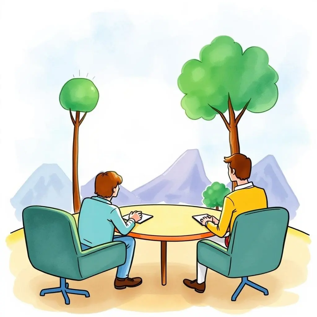 Two professionals discussing client relationships at a round table.