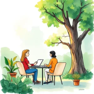 Two professionals collaborating outdoors on a risk assessment tool at a table under a tree.