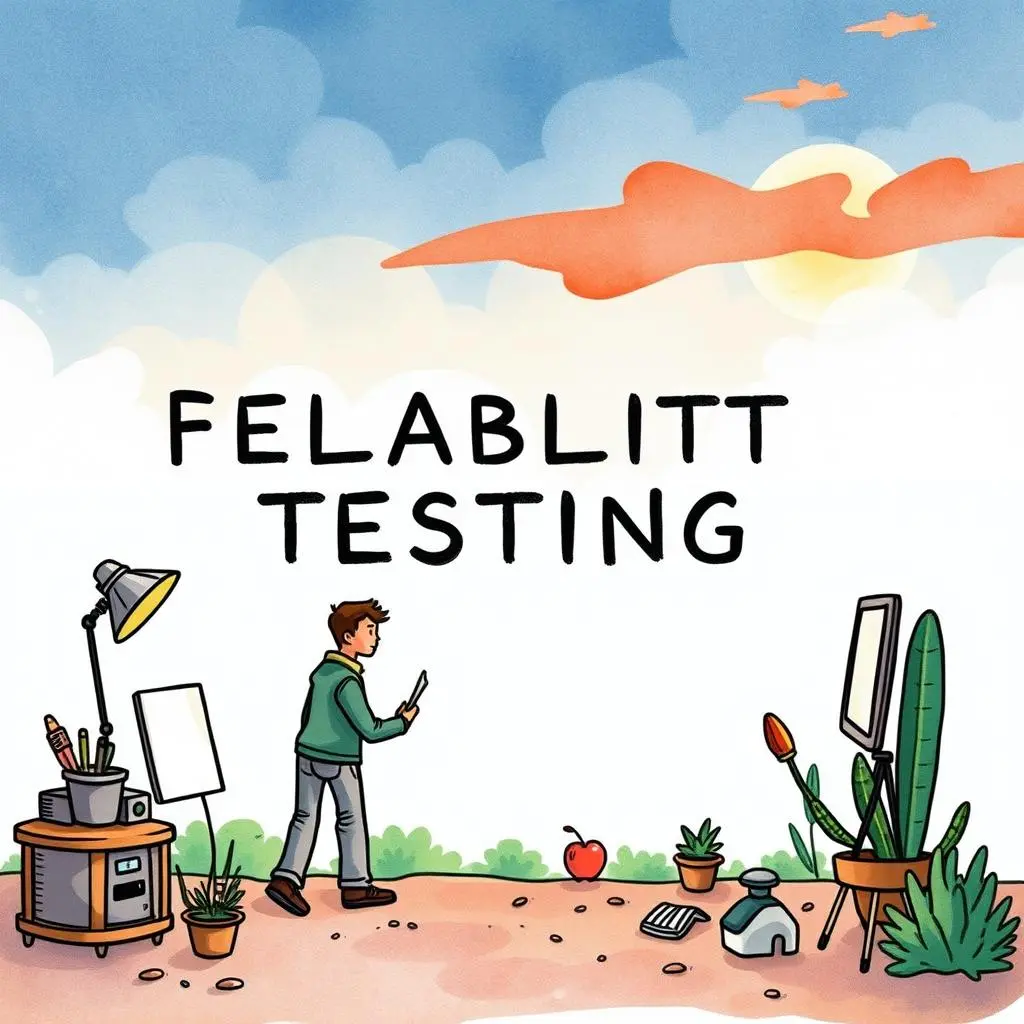 A person engaged in testing activities in a creative setting labeled "Felablitt Testing."