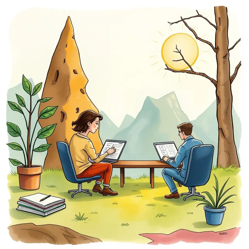 Data insight extractor: Analyze and summarize research data trends 1 A data analyst and reliability test engineer discussing research findings outdoors in a serene setting.