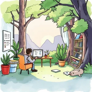 A person using a laptop in a serene outdoor setting surrounded by plants and books.