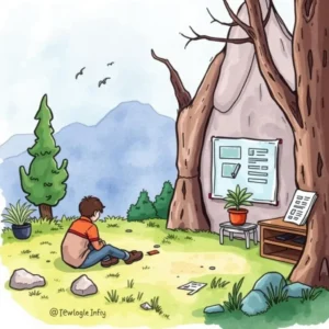 A person sits outside, contemplating while surrounded by nature and tools for outcome interpretation writing