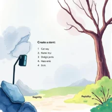Illustration depicting a surreal landscape with a phone and nature elements.