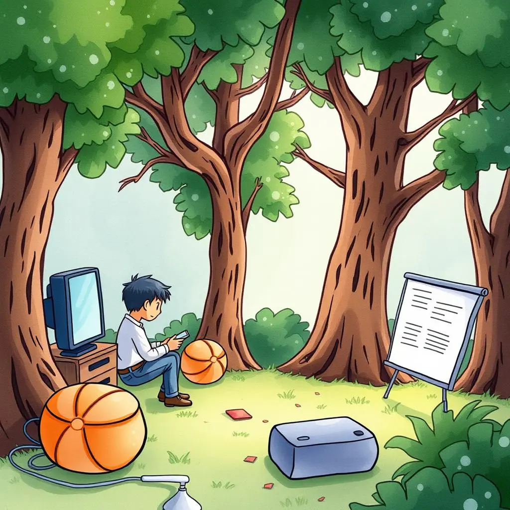 A young boy sits on the grass between trees, engaging with a device near basketballs and a presentation board.