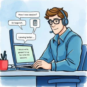 Session startup text generator: Generate texts for initiating sessions 7 A customer support technician using a laptop to generate session startup texts for remote support.