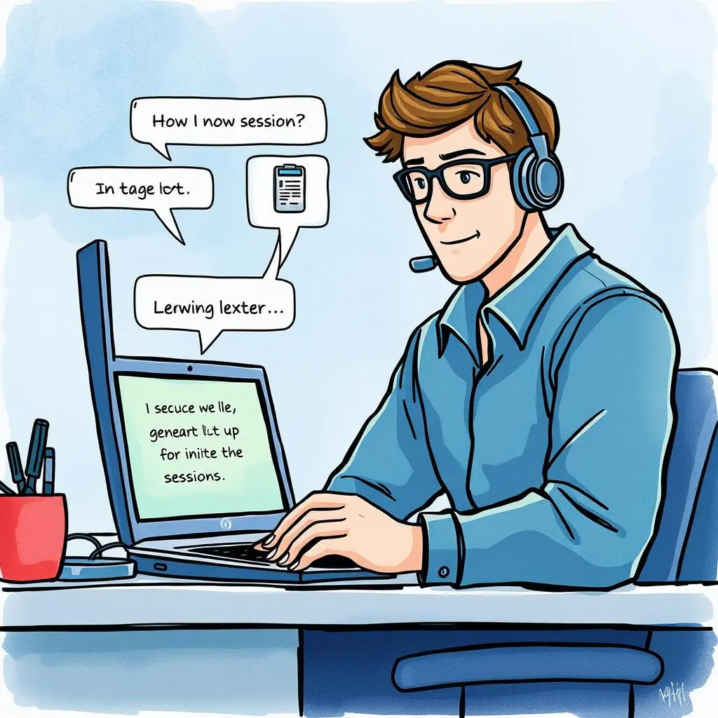 Session startup text generator: Generate texts for initiating sessions 1 A customer support technician using a laptop to generate session startup texts for remote support.