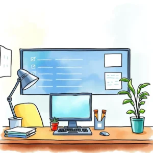 Support Ticket Description Generator workspace with a computer and plant setup