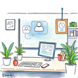 Virtual connection setup facilitator: Design virtual connection procedures 5 A bright office setup with technology for facilitating virtual connections.