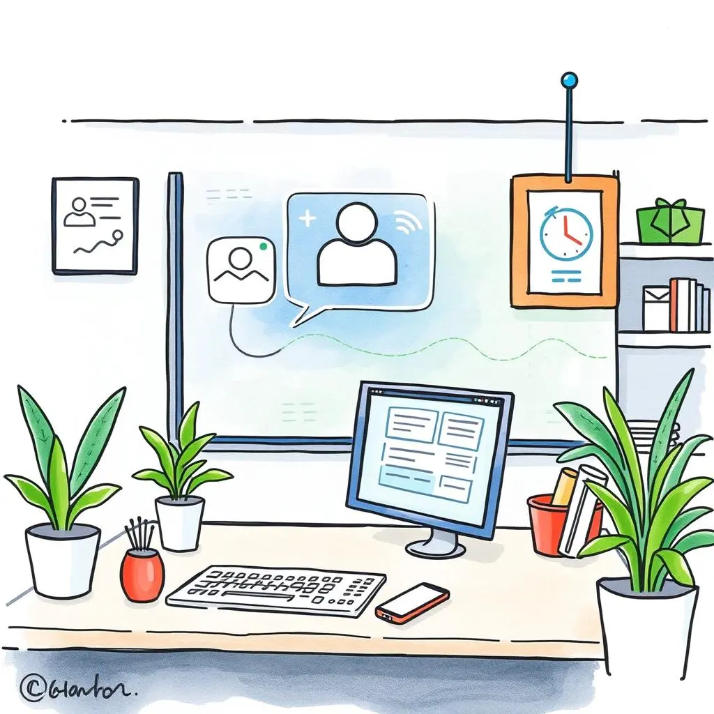 Virtual connection setup facilitator: Design virtual connection procedures 1 A bright office setup with technology for facilitating virtual connections.