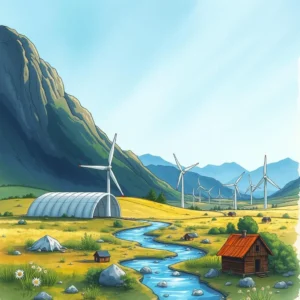 A serene landscape with wind turbines, a winding stream, and rural structures for renewable energy assessment.