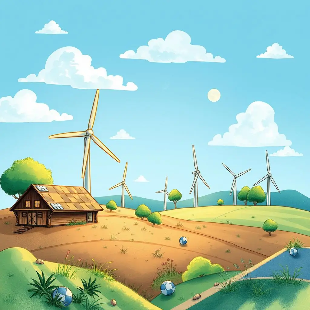 Site performance predictor: Project energy generation from geographic inputs 1 A picturesque landscape featuring a house, wind turbines, and greenery