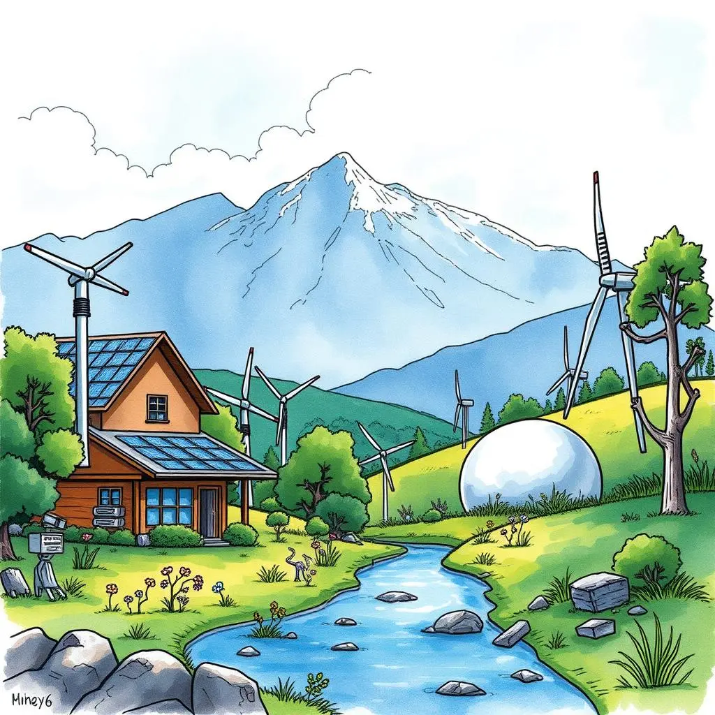Terrain suitability checker: Check land characteristics for renewable resources 1 Renewable energy landscape with wind turbines and solar panels