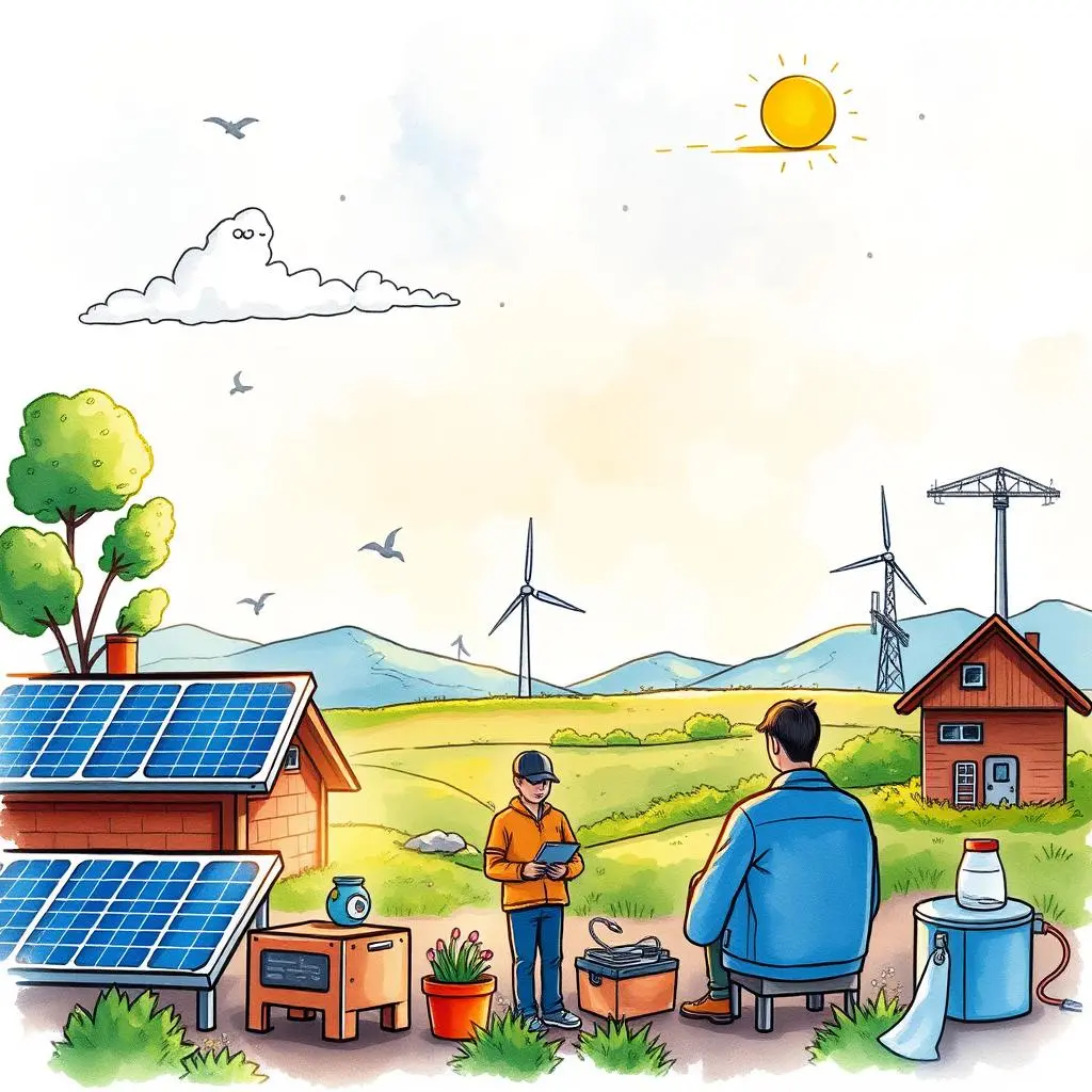 Collaboration document harmonizer: Standardize language for team communications 1 Collaboration Document Harmonizer tool assisting engineers in a renewable energy landscape with solar panels and wind turbines.