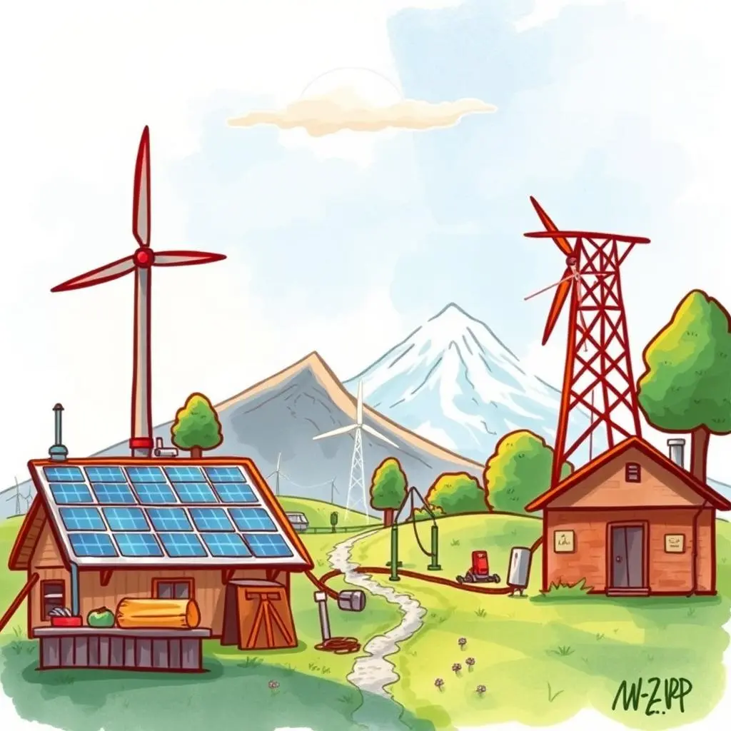 Concept visualizer: Describe engineering concepts in understandable terms 1 A colorful illustration of a renewable energy landscape featuring solar panels, wind turbines, and power lines.