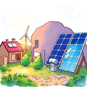 Solar panels and a wind turbine near a home, symbolizing renewable energy solutions.