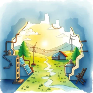 A serene landscape illustrating renewable energy technologies including solar panels and wind turbines.