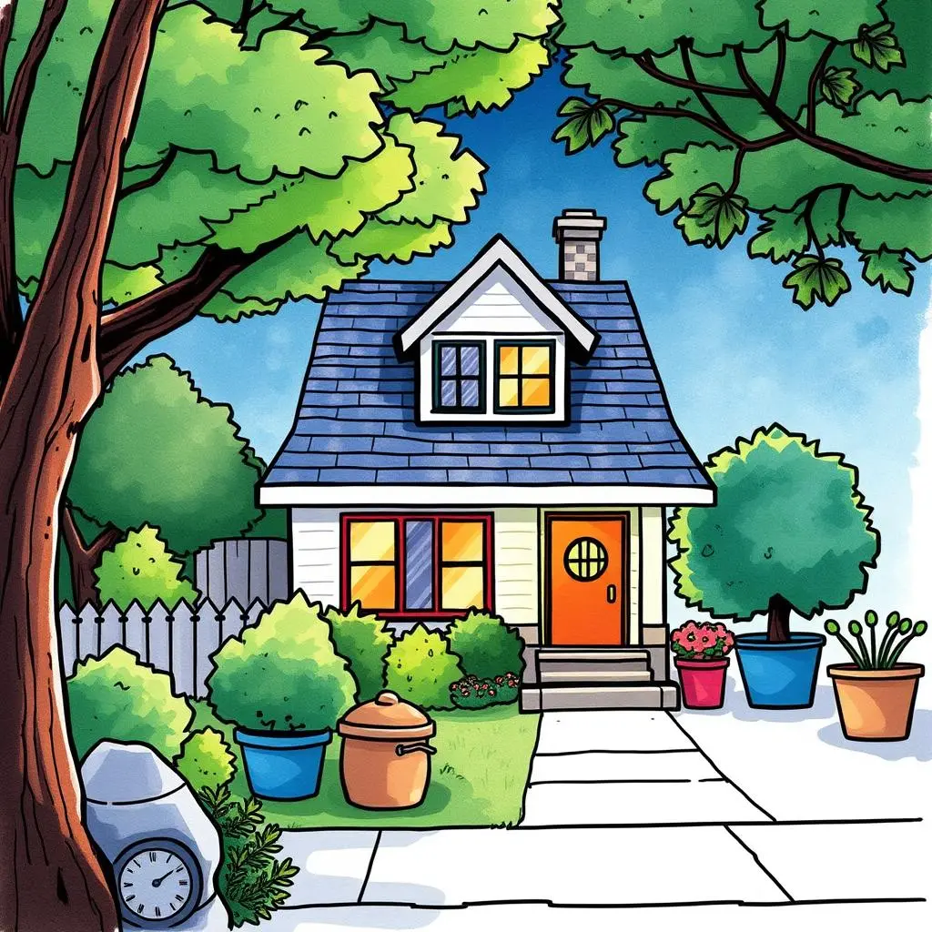 Lease payment reminder generator: Create customizable lease payment alerts 1 A charming illustrated house surrounded by greenery, ideal for lease payment reminders.