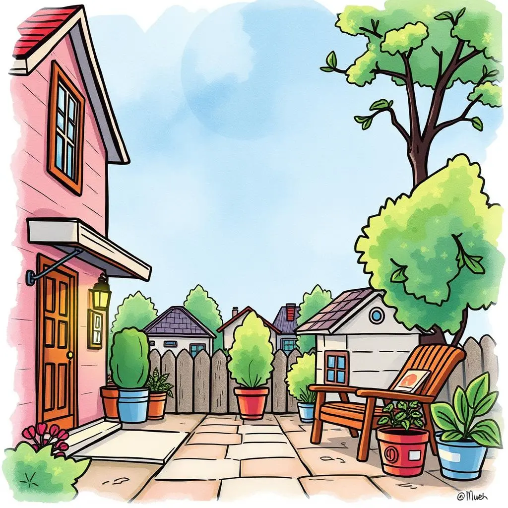 Payment reminder generator: Create automatic payment reminder messages 1 Colorful outdoor scene with house, plants, and cozy seating area.
