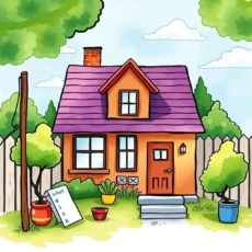 A colorful cartoon-style house with plants and a signboard in front, representing residential property.