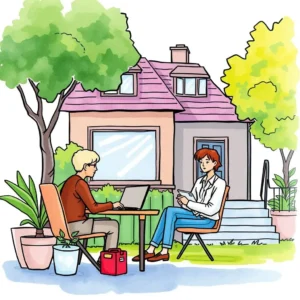 Two professionals discussing rent payment strategies outside a residential property.
