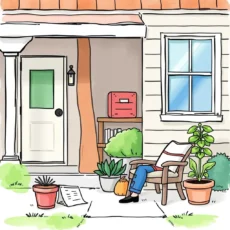 A welcoming porch scene featuring a cozy chair and plants, symbolizing home and rent management tools.