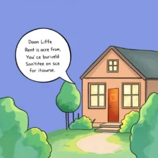 A cozy cartoon house with a dialogue bubble about rent payments against a colorful background.