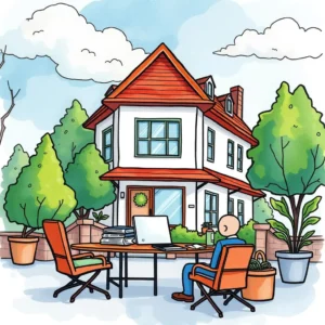 A person sitting outside a house with a laptop and documents, representing data analysis.