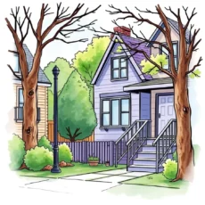 A charming illustrated house surrounded by trees and a lamppost, representing real estate.