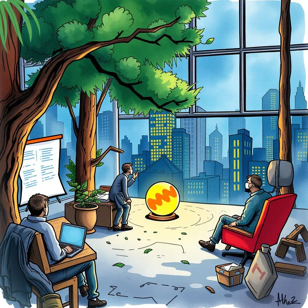 Trend influence evaluator: Assess impact of trends on business strategy 1 A dynamic office scene illustrating the Trend Influence Evaluator tool in action among analysts