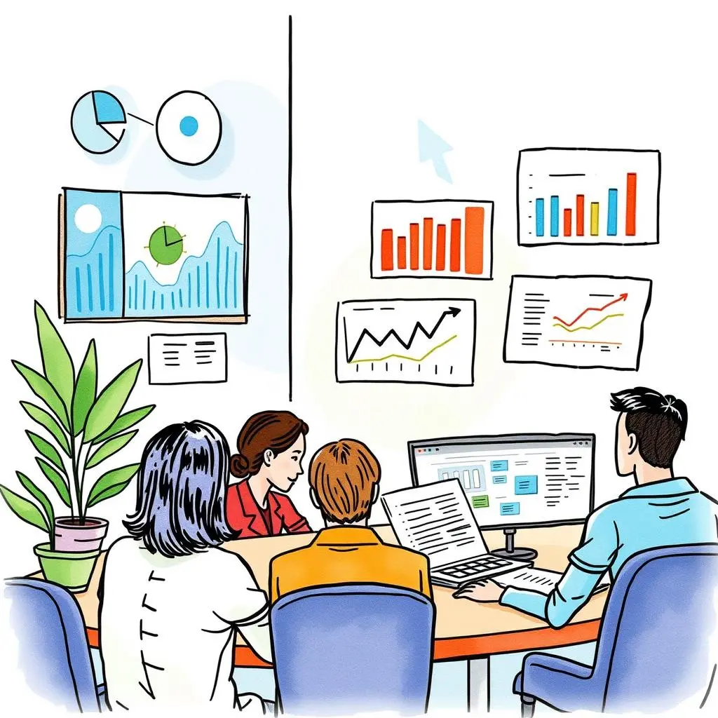 Text input analyzer: Analyze employee feedback for insights 1 Team analyzing employee feedback data on a digital report dashboard.