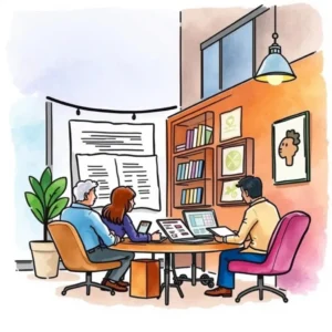 Three professionals collaborating around a table, reviewing stakeholder comments and insights.