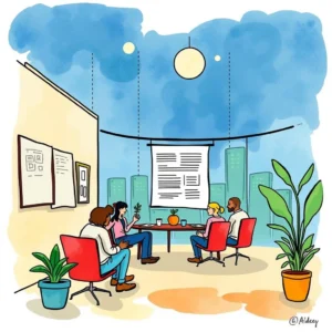 Group of professionals discussing insights during a meeting in a modern office.