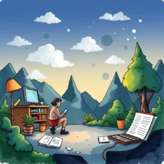 A person using a laptop and reading notes amid mountains, symbolizing change process documentation.
