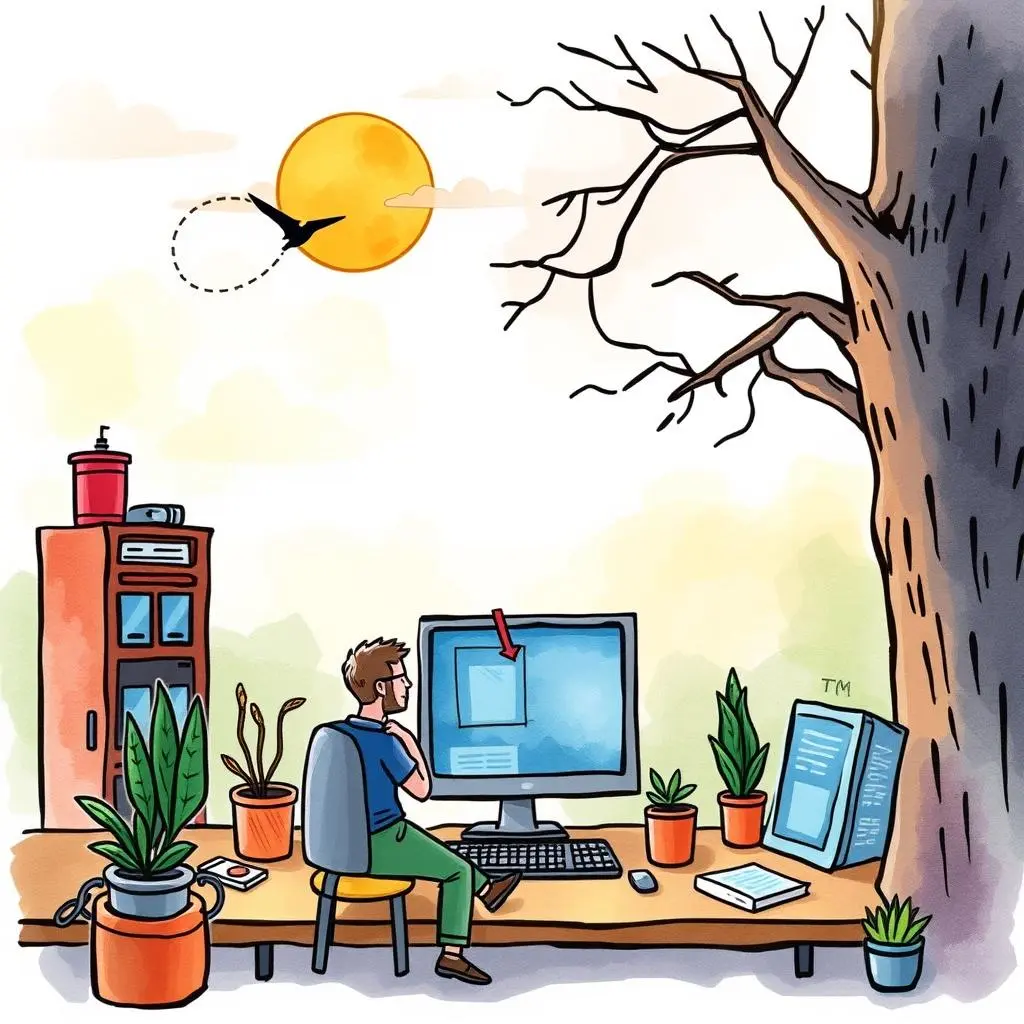 Requirement language simplifier: Simplify technical language in requirements documents 1 A person sits at a computer workstation, simplifying technical documents in a sunlit environment with plants.