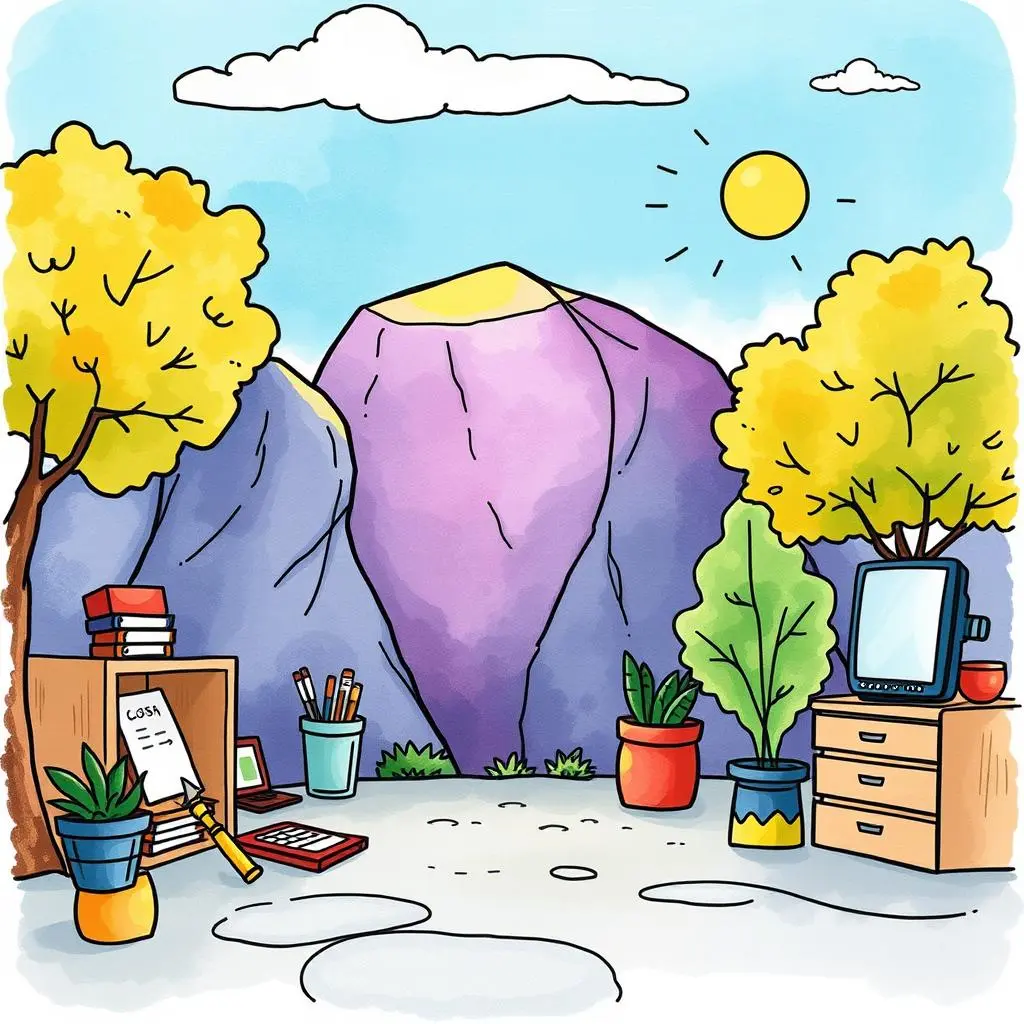 Requirement summary creator: Generate concise overviews of requirements 1 A serene workspace with mountains, plants, and desk items for IT requirement analysis