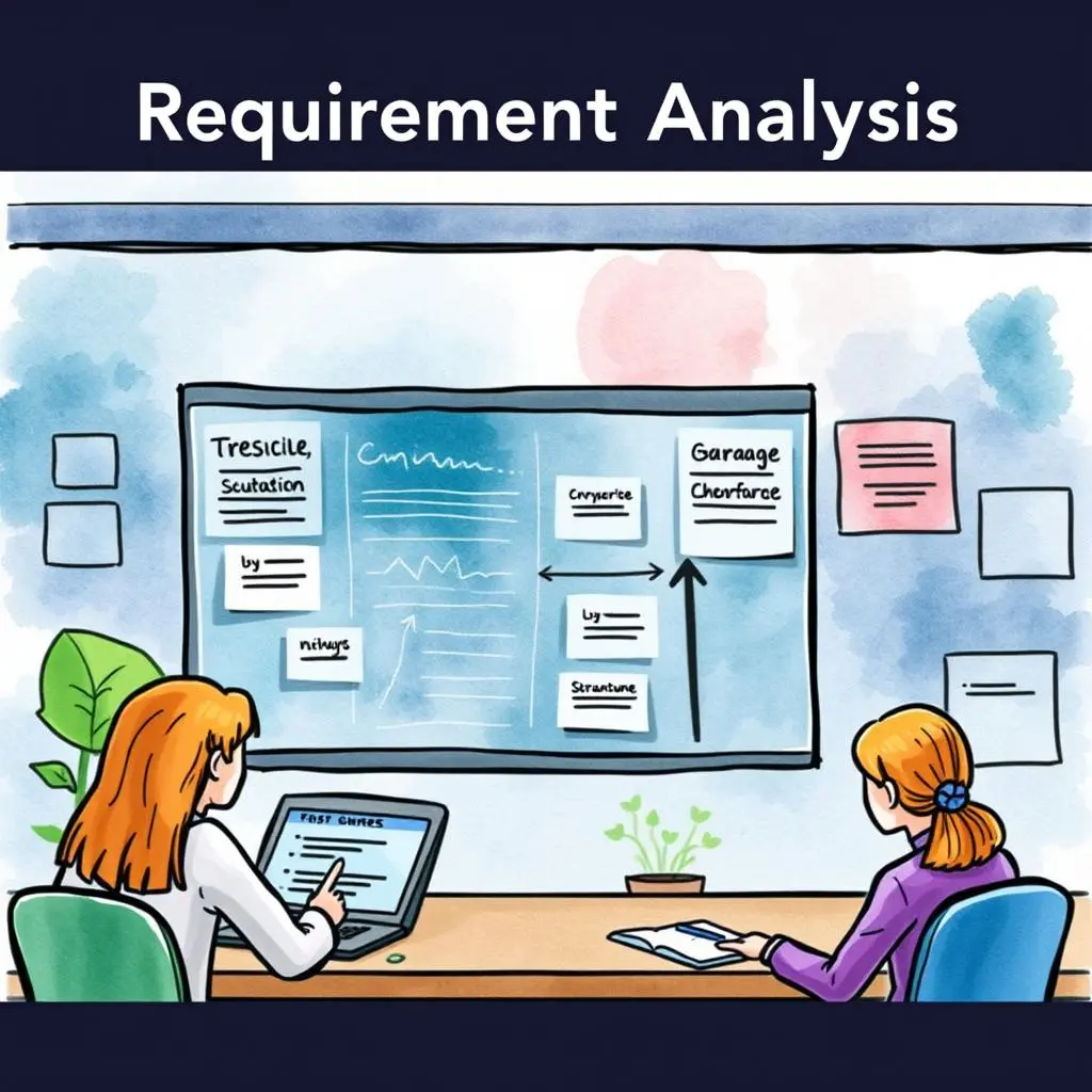 Requirement traceability enhancer: Map stakeholder input to requirements for clarity 1 Business professionals collaborating on visual requirement analysis and stakeholder mapping.