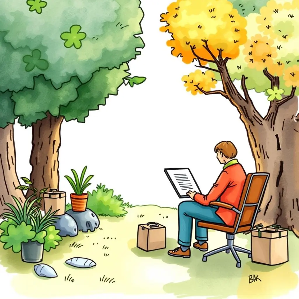 Person analyzing documents in a serene, nature-inspired setting.