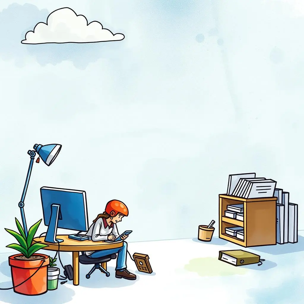 Person using a smartphone at a desk surrounded by project materials.