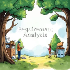 A Requirements Validation Engineer and a Product Requirements Analyst collaborating in a serene outdoor setting with tools.