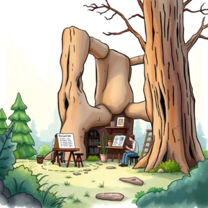 A serene workspace within a large tree, featuring a man reviewing documents among greenery.